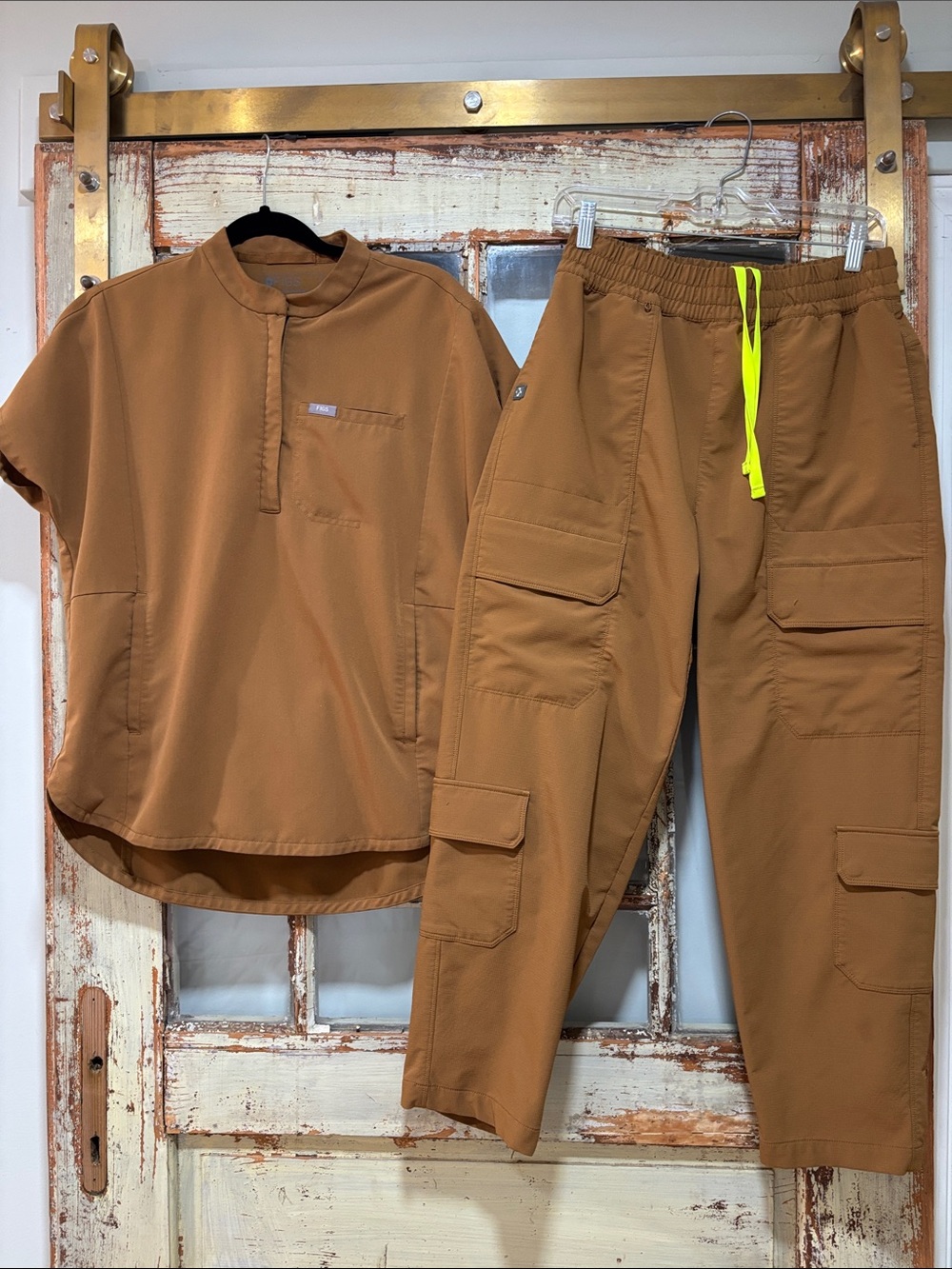 Figs Men's Tan Cargo Pants with Neon Drawstring